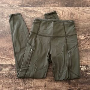 Athleta Rainier running tight, xxs, green, side zip pockets, draw string